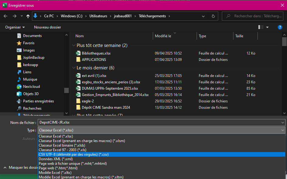 Dans le menu déroulant Type, sélectionner CSV UTF-8
